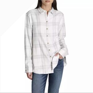 Jachs Girlfriend Plaid Button Up Shirt Women L Beige White Long Sleeve New Tag